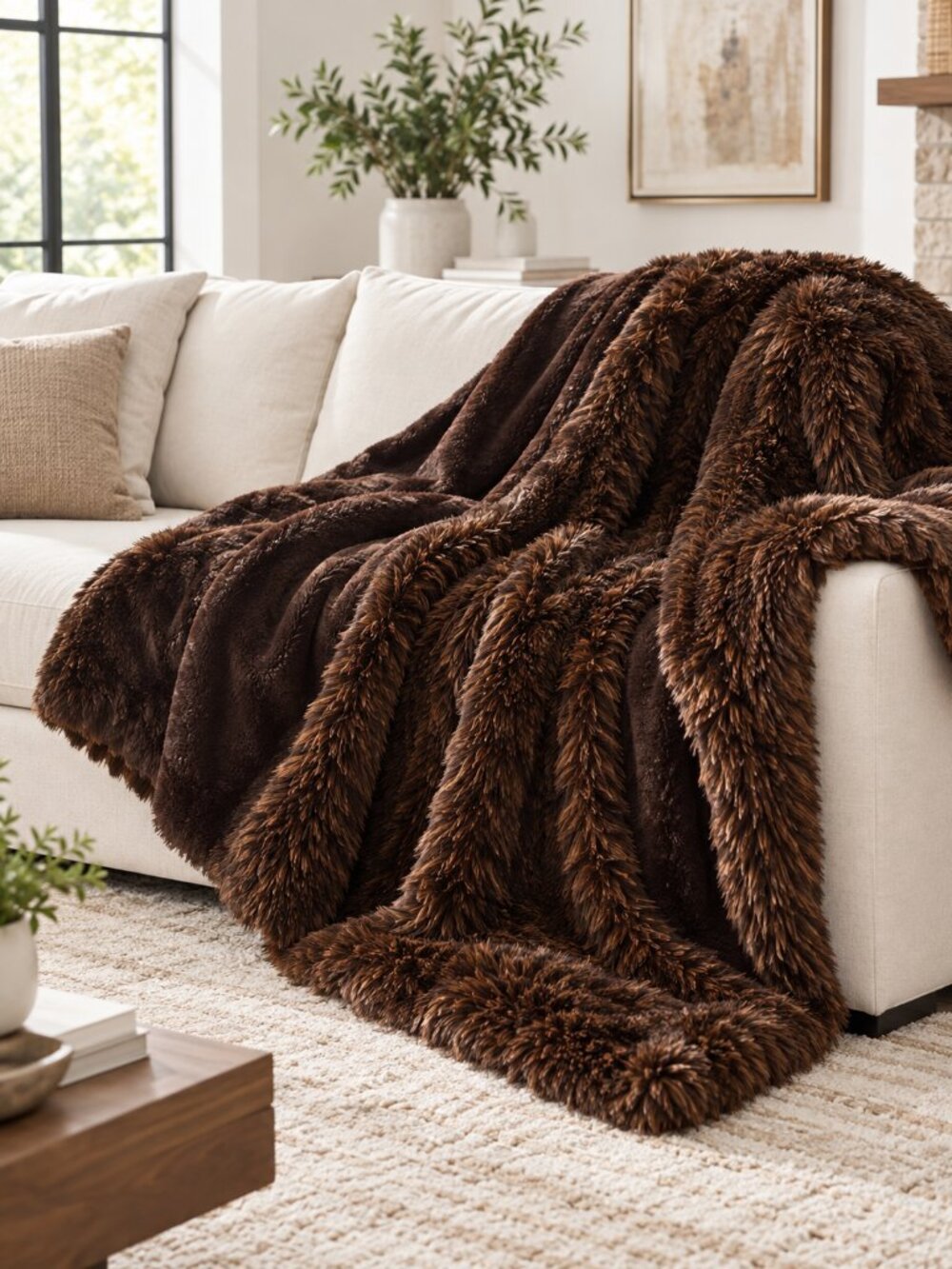 FRYE Arctic Luxe Faux Fur Throw Blanket Brown 60x70 New